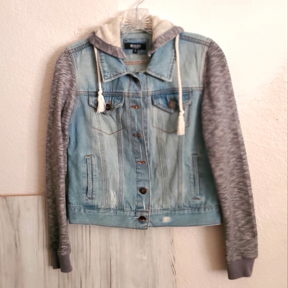 Bee & Ceci Women's Distressed Blue Jean Denim Jacket Knit Sleeves Sz Small